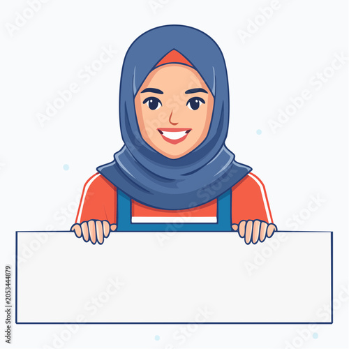 Smiling Muslim Woman in Hijab Holding a Blank Sign