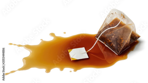 Saturated tea bag resting in a spilled pool of dark infused liquid on a pristine white background for beverage advertising