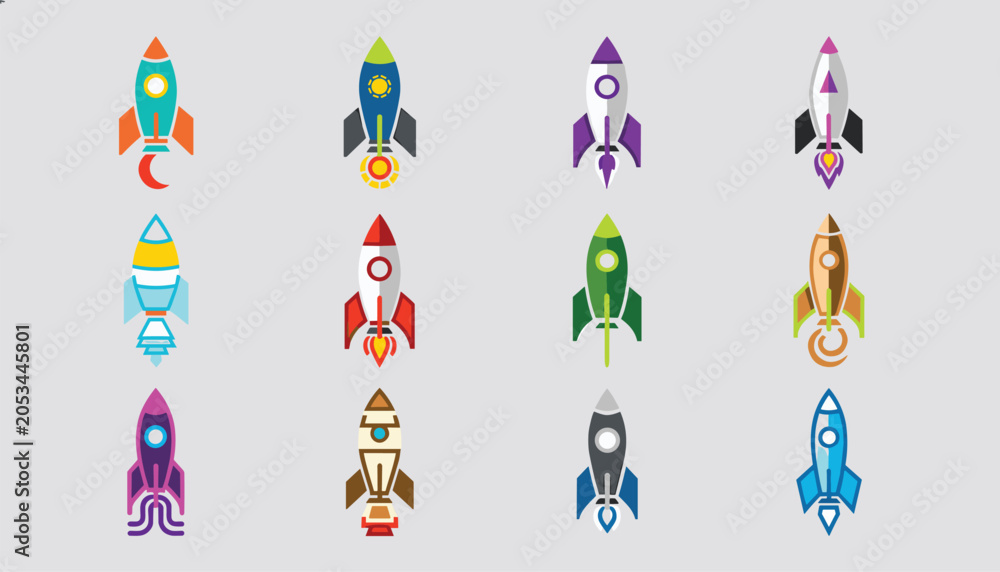 Fototapeta premium Colorful collection of twelve distinct retro space rocket ship icons isolated on a solid light gray background.