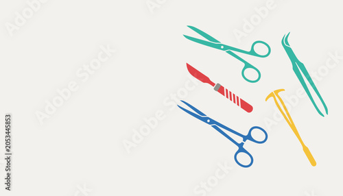 Collection of colorful medical surgical instruments on a light background, flat design