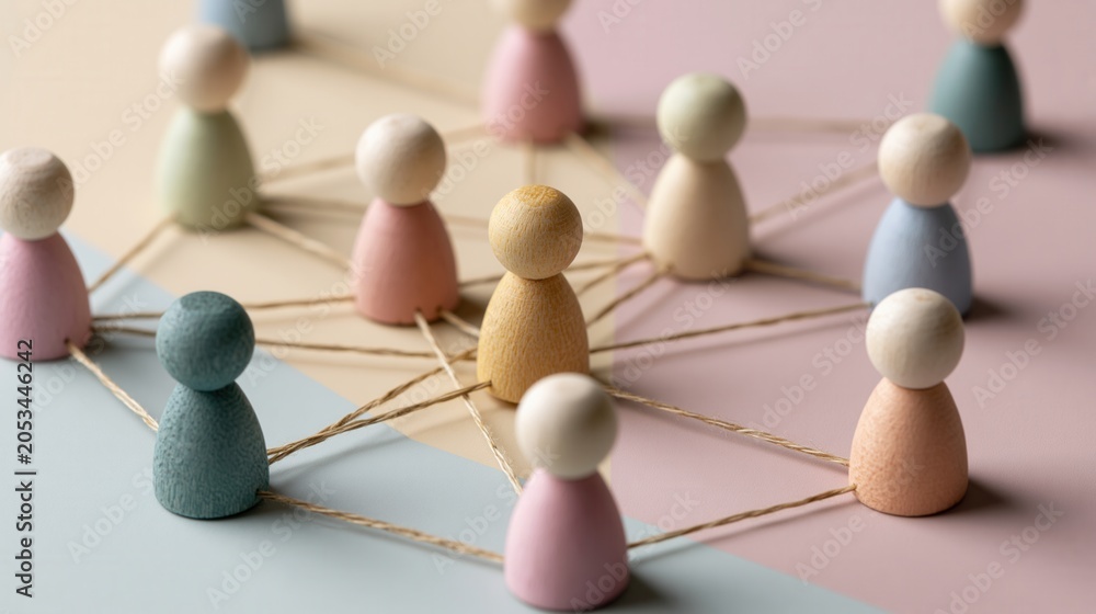 Obraz premium Wooden figures connected by strings representing human resources and global networking