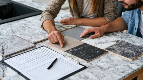 Interior designer and client choosing marble tiles for kitchen renovation