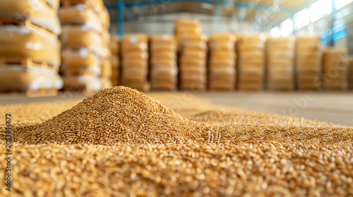 Abundant wheat grains piled high inside a large industrial warehouse storage facility