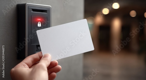 Hand holds blank card to access control reader with red light