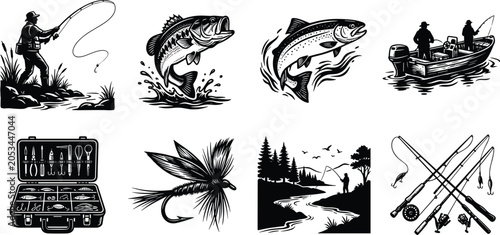 Tableau sur toile Vintage fishing vector illustration set featuring fisherman casting rod, largemouth bass, trout, motorboat, tackle box, fly lure, and scenic river landscape