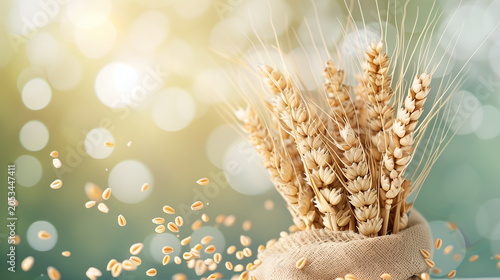 Golden wheat ears in burlap sack with falling grains and soft bokeh background