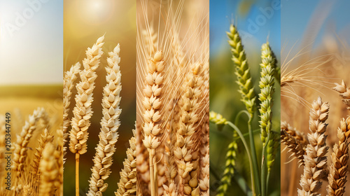 Collage of wheat ears showing different stages of growth and maturity
