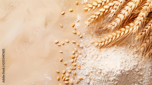 Golden wheat ears and flour scattered on a textured beige surface