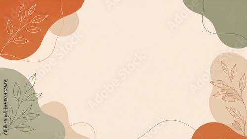 Abstract aesthetic boho background with botanical line art leaves and organic shapes for banner.