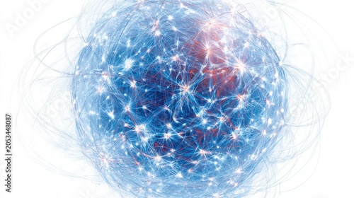 A glowing, interconnected neural network sphere pulsates with light