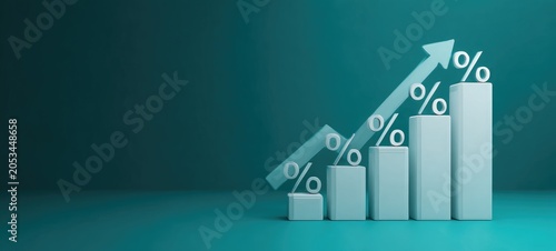 A rising bar chart with percentage signs indicates financial growth