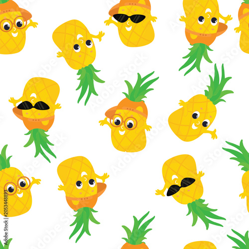 Cute pineapple characters seamless pattern with funny faces and sunglasses