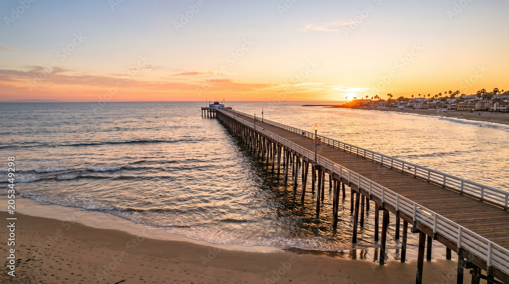 Obraz premium Newport Beach Pier stretching into the Pacific Ocean during a golden sunset in California
