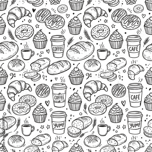 Delicious pastries and coffee set illustration pattern Vector