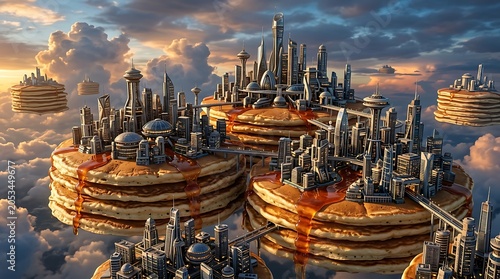 Surreal cityscape made from giant pancakes and skyscrapers