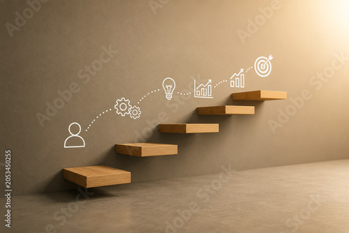AI generated business growth concept ascending steps development icons representing career advancement innovation strategic planning goal achievement success