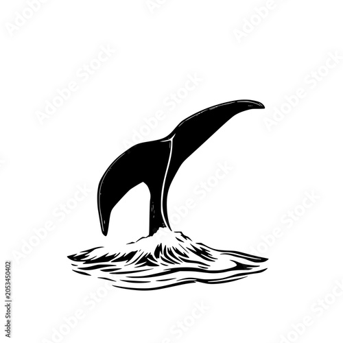 Foto A black silhouette of a whale tail emerging from water, creating a dynamic splash, isolated on a white background, conveying a sense of freedom and oceanic adventure