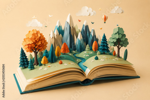 AI generated fantasy education concept an open book transforming into vibrant landscape symbolizing imagination creativity storytelling knowledge discovery learning