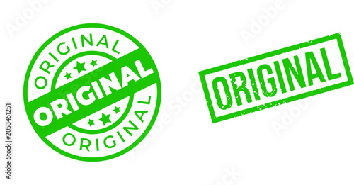 Fényképezés Green original stamp and seal icons, authentic symbol, verification mark, guarantee label, originality badge, vector graphics, isolated on white background for business and authenticity purposes