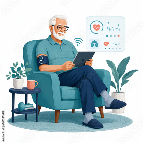 Elderly Patient Using Remote Health Monitoring Tablet at Home