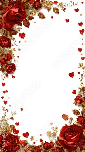 Ornate border of rich red roses and golden leaves with tiny hearts