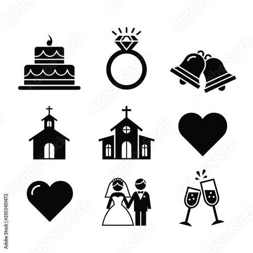 Photography Wedding and marriage ceremony icons collection with marriage ceremony champagne