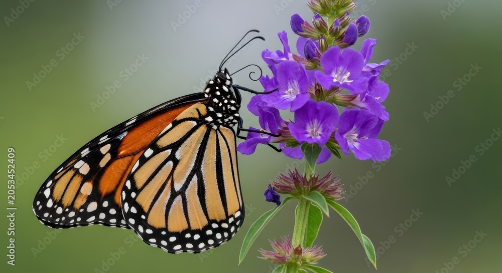 Obraz premium Monarch Butterfly Feeding on Purple Flowers Macro Shot with Soft Green Background