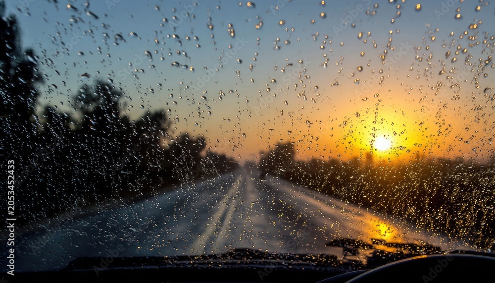 Fototapeta premium Sunset road through rain-streaked glass