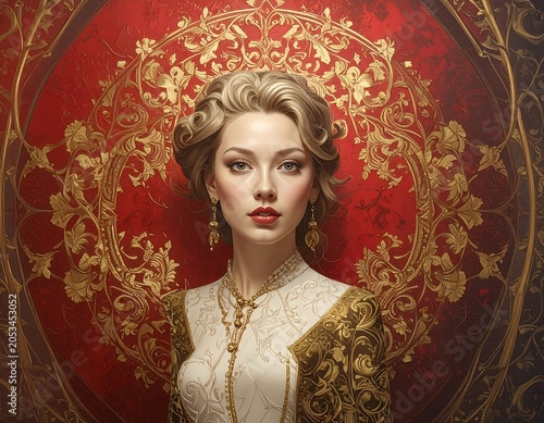 Portrait of a woman with curly blonde hair wearing a jeweled white gown with gold accents, set against an ornate red background