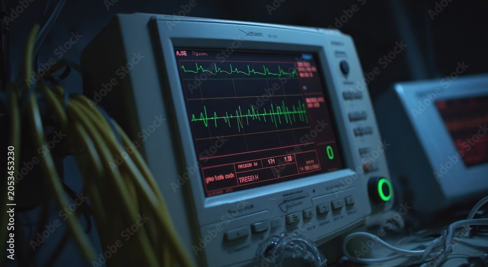 Fototapeta premium Medical monitor displays vital signs, wires and cables cluttering foreground