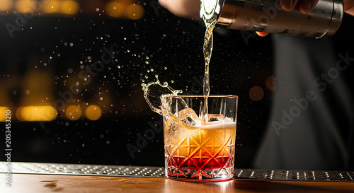 Luxury Cocktail Pour with Dramatic Splash and Crystal Ice in Upscale Bar