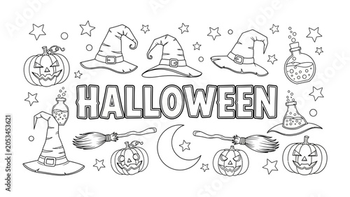 Tableau sur toile Halloween Line Art Celebration: A collection of hand-drawn Halloween icons, including grinning jack-o'-lanterns, pointy witch hats, flying broomsticks, a crescent moon, and bubbling potion bottles