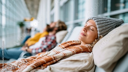 A traveler blissfully rests in an airport lounge, showcasing a moment of peacefulness amid a busy journey, with comfy seating and natural lighting around them.