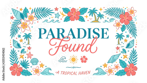 Fotografie Paradise Found: A vibrant illustration captures the essence of a tropical paradise, adorned with hibiscus flowers, palm trees, and ocean waves, exuding a feeling of escape and tranquility