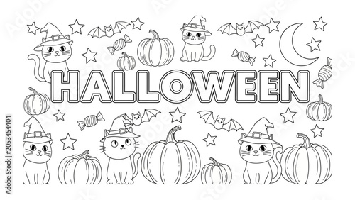Quadro su tela Halloween Cats and Pumpkins: A whimsical collection of cartoon cats wearing witch hats, plump pumpkins, bats, stars