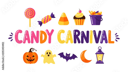 Foto Halloween Candy Carnival: A whimsical collection of Halloween-themed treats and icons, featuring a pumpkin, ghost, bat, crescent moon, lantern, lollipop, candy corn, cupcake, and a bucket of candy