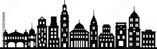 Quadro su tela Various building silhouettes form a city skyline with diverse architectural styl