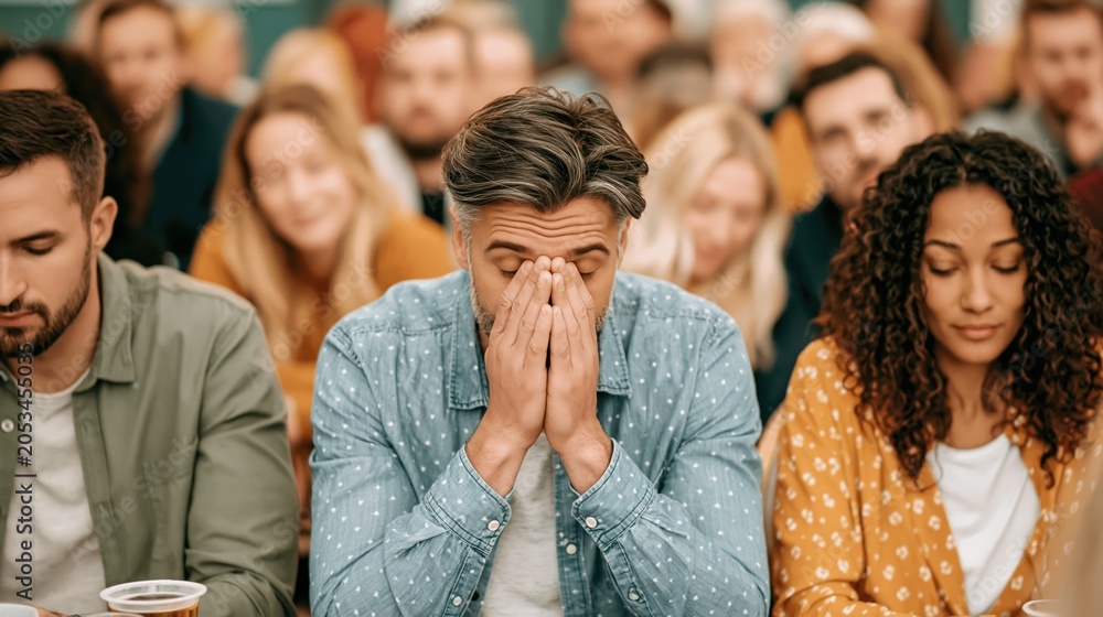 Obraz premium This image captures a group of individuals showing diverse emotions in a gathering, highlighting concern, support and human connection during a transformative moment.