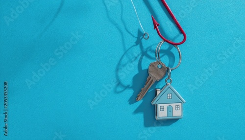 A key with a house charm is caught on a red fishing hook