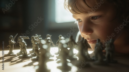 Child observing toy soldiers close up in dramatic lighting