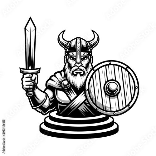 Fierce viking warrior mascot with sword and shield illustration.