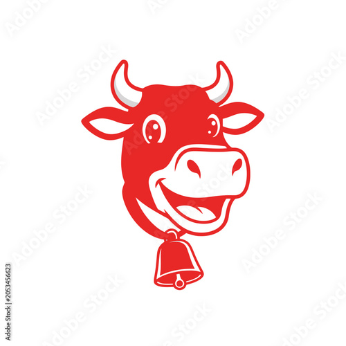 Friendly cartoon red cow head with cowbell mascot.