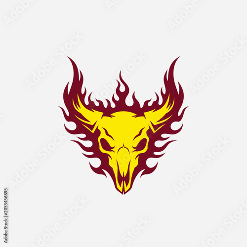 Flaming bull skull mascot logo with red fire.