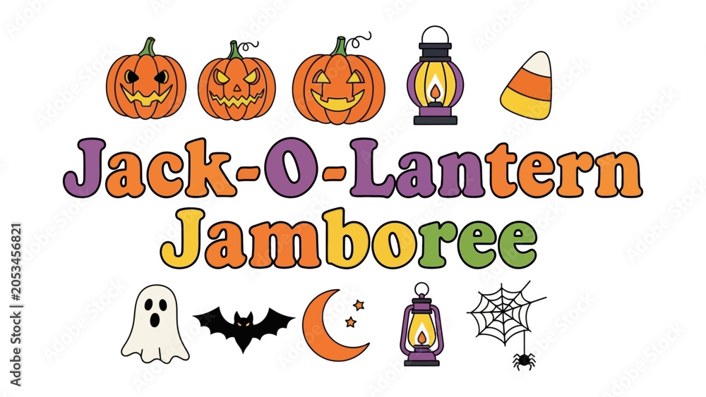 Fototapeta premium Jack-O-Lantern Jamboree: A playful collection of Halloween icons, including smiling jack-o'-lanterns, a friendly ghost, a silhouette bat, a crescent moon, and candy corn, set against a clean backdrop.