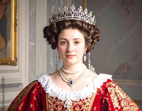 Portrait of a woman with curly brown hair, wearing a jeweled crown, earrings, and a red dress