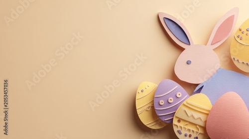 Pastel paper bunny with decorated eggs, playful spring celebration