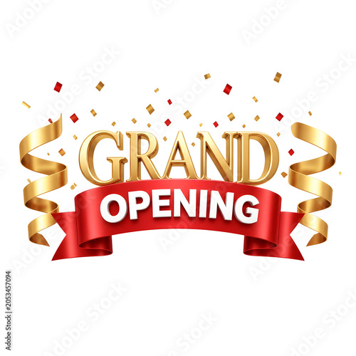 Grand opening banner with gold ribbons and confetti on black background for