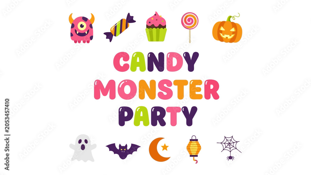 Fototapeta premium Halloween Candy Monster Party: A whimsical collection of colorful Halloween-themed illustrations, including a friendly monster, candy, cupcakes, lollipops, and pumpkins.