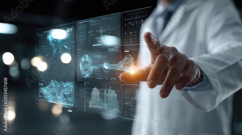 A gloved hand interacts with a futuristic holographic medical interface