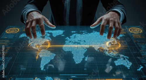 Futuristic display shows global data with hands hovering over continents